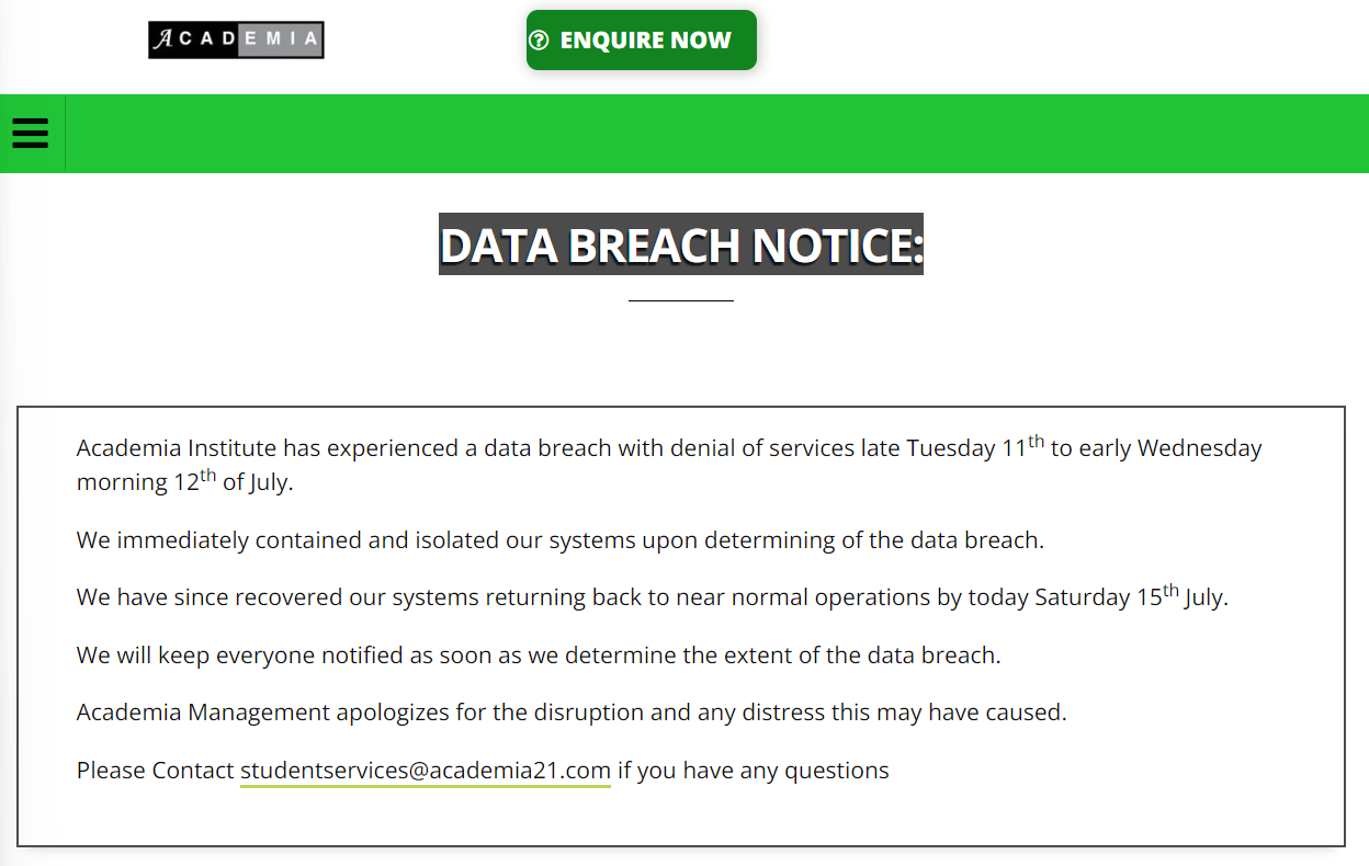 Academia Breach Notice